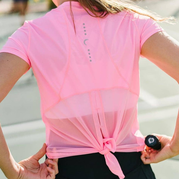 ZYIA Tops - Zyia Pink Panel Split Back Mesh Tee